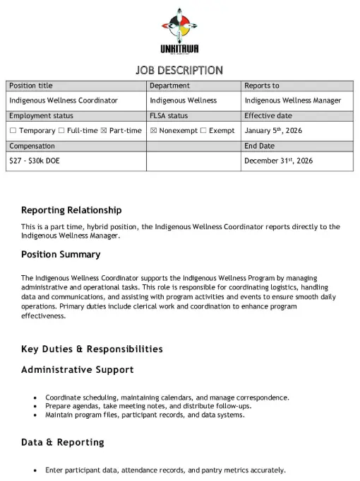 Indigenous Wellness Coordinator Job Description - download Indigenous Wellness Coordinator Job Description - download